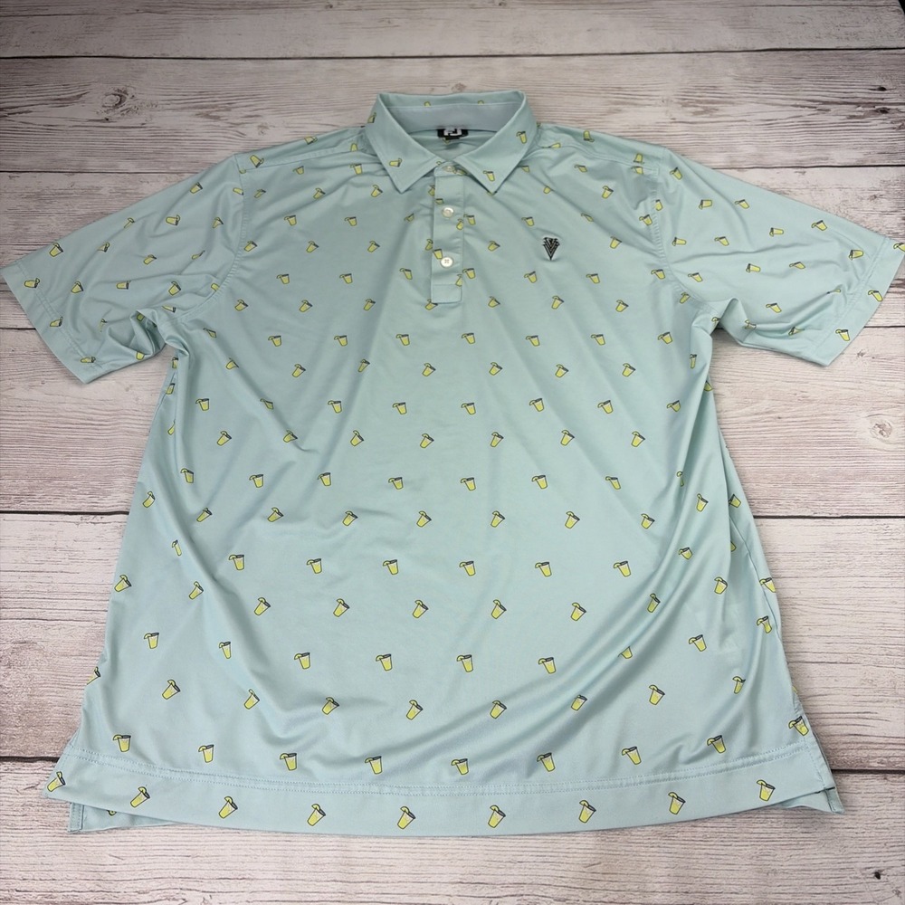 Foot Joy Men's L Light Blue Polo Golf Shirt Lemonade Cocktail All Over Print EXC